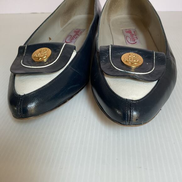 Pappagallo Flats Vintage Navy Blue Leather8.5M Made in Spain Gold Anchor Loafer - Picture 9 of 14